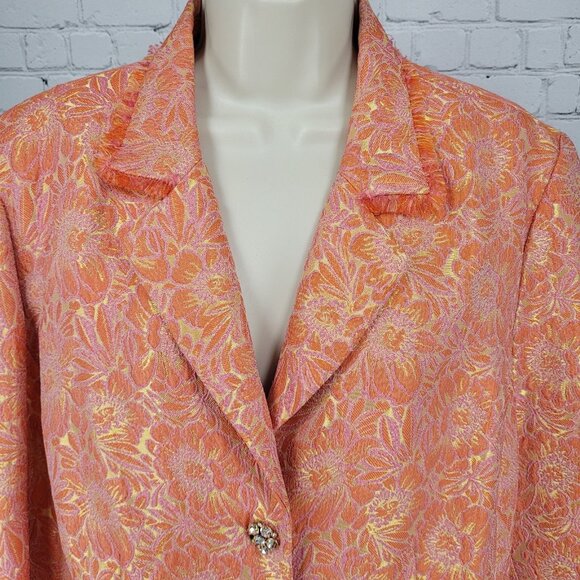 ECI New York Orange Floral 100% Silk Lined Rhinestone Snap Notch Jacket Size 14 - Picture 8 of 16